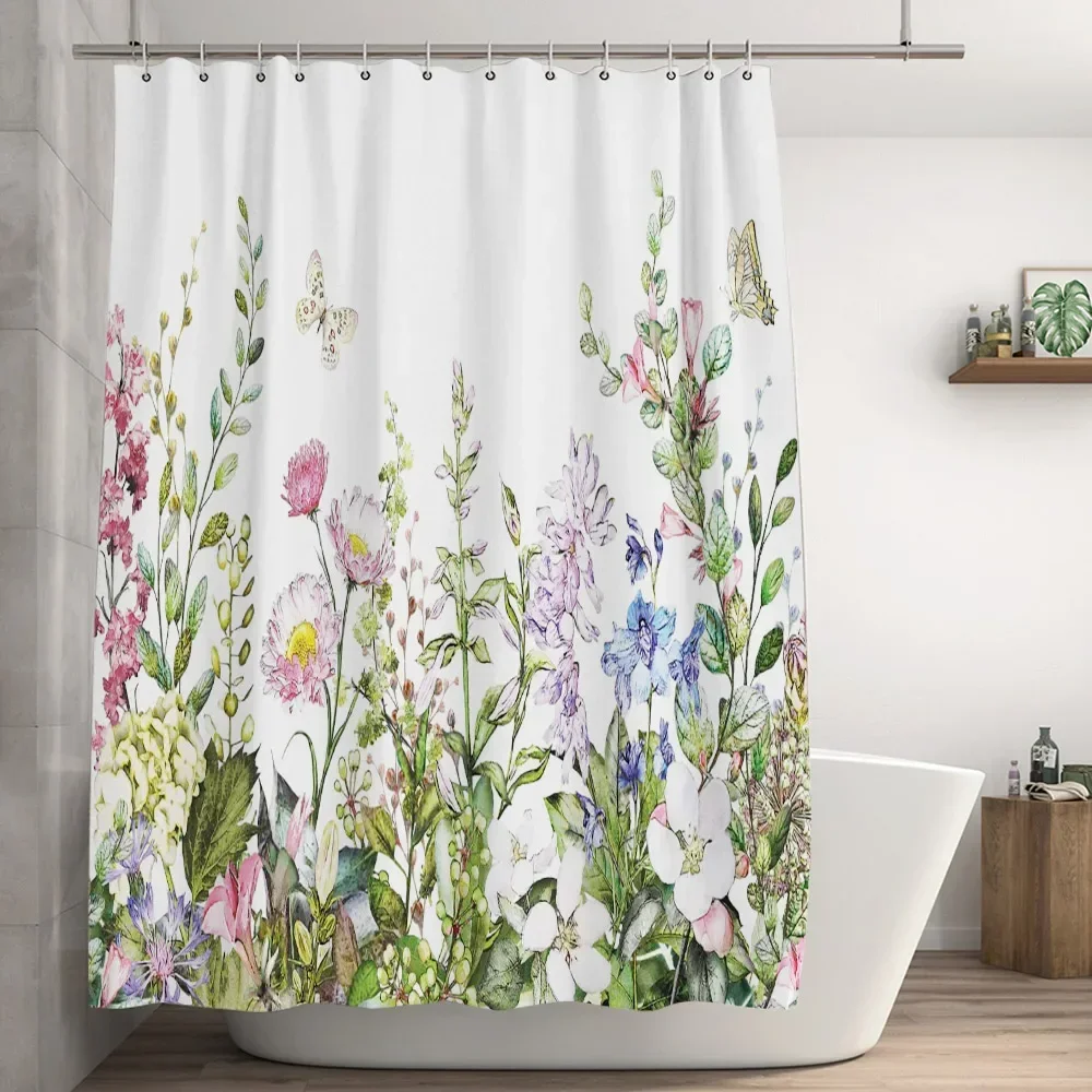 Plant Floral Shower Curtain Bath Decor Polyester Flower Green Leaves Print Curtains for Bathroom With Hooks Bathroom Supplies