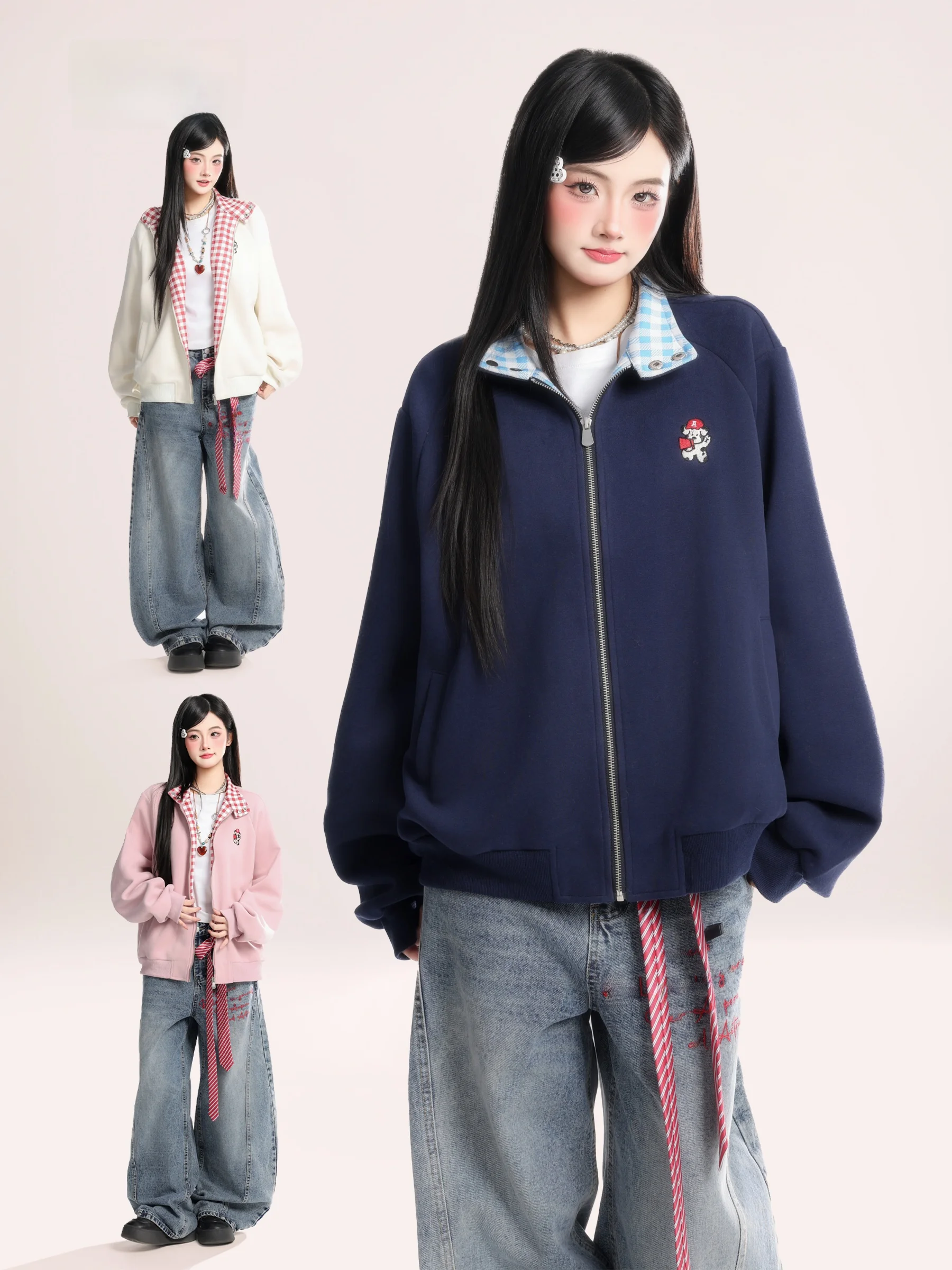 

American Retro Dog Embroidery Plaid Stand Collar Jaet Women's Loose Casual College Sle Outerwear Spring 2026