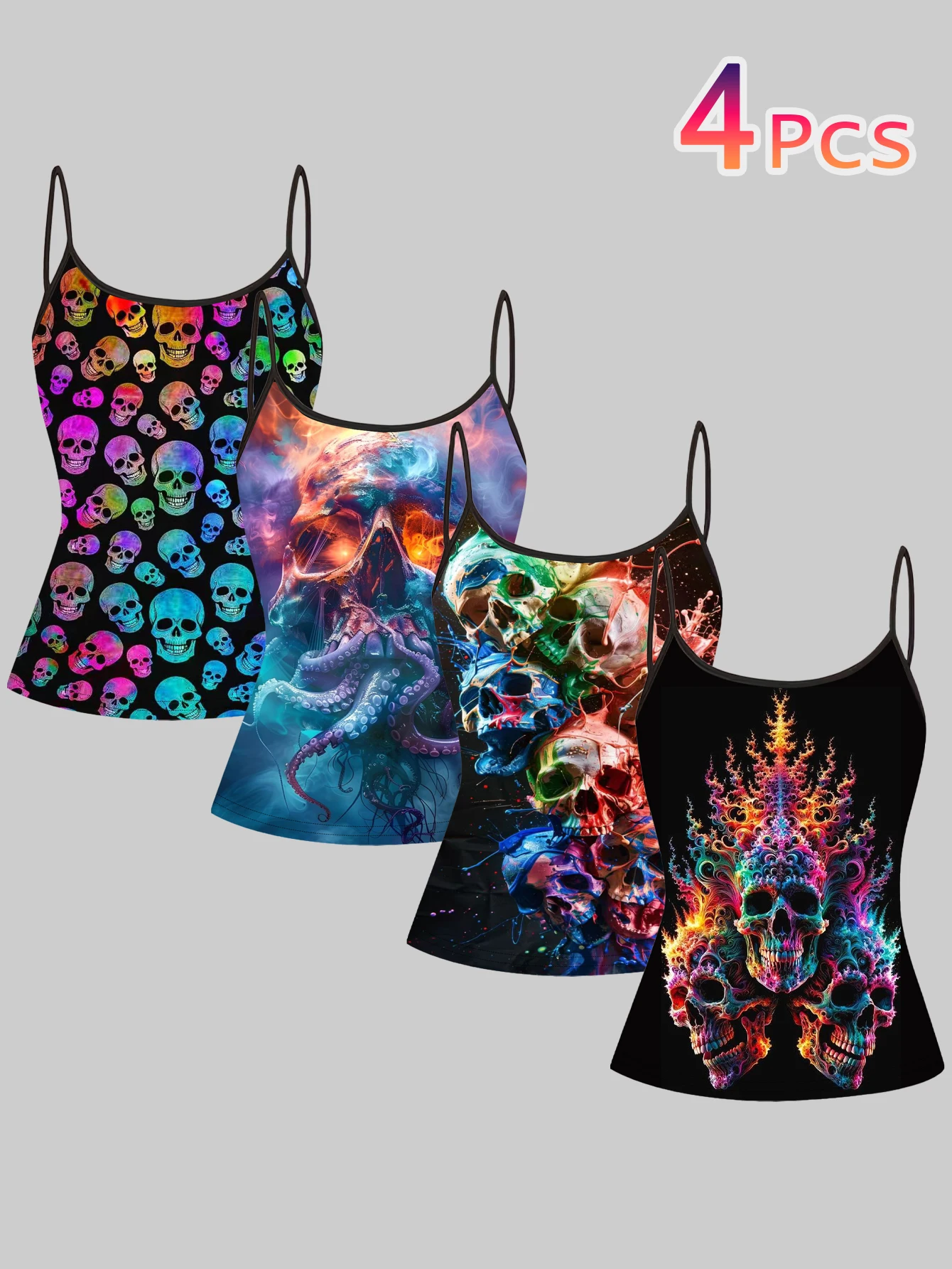 4-Pack Women's Colorful Skull Print Camisole Tops with Octopus Skull Fractal Flame Pattern Slim Fit Inner Wear Tops