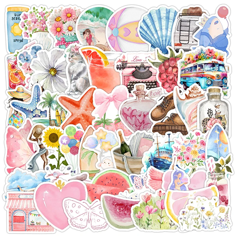 

50PCS Fresh Summer Watercolor Stickers DIY Graffiti Phone Guitar Laptop Notebook Diary Suitcase Self-adhesive Decals Kids Gift