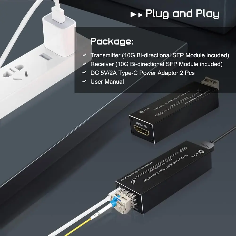 Mini 4K HDMI Fiber Extender Ultra HD Video Optical Transceiver 20km Single Mode DC 5V