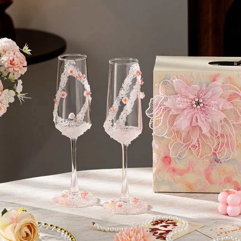 Pink Broken Diamond Champagne Flutes Wedding Toasting Glasses Pair Creative Engagement Gift Goblets for Bride and Groom