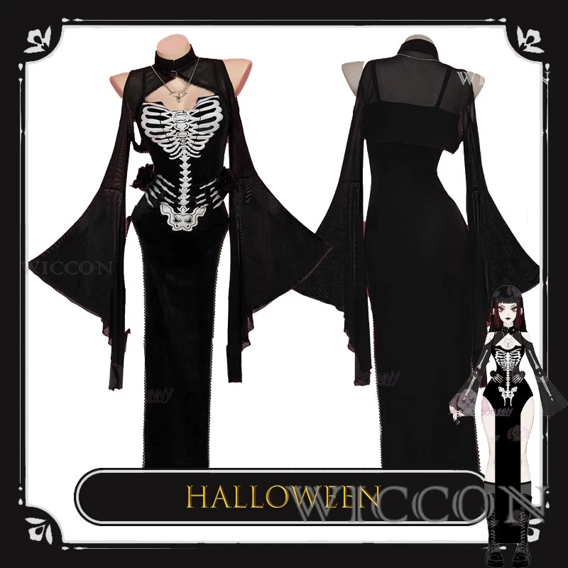 

Темно-готическое платье рыцаря скелета, костюм для косплея на Хэллоуин, черное платье с разрезом в виде черепа и плащ с расклешенными рукавами и вырезом, ожерелье ‌
