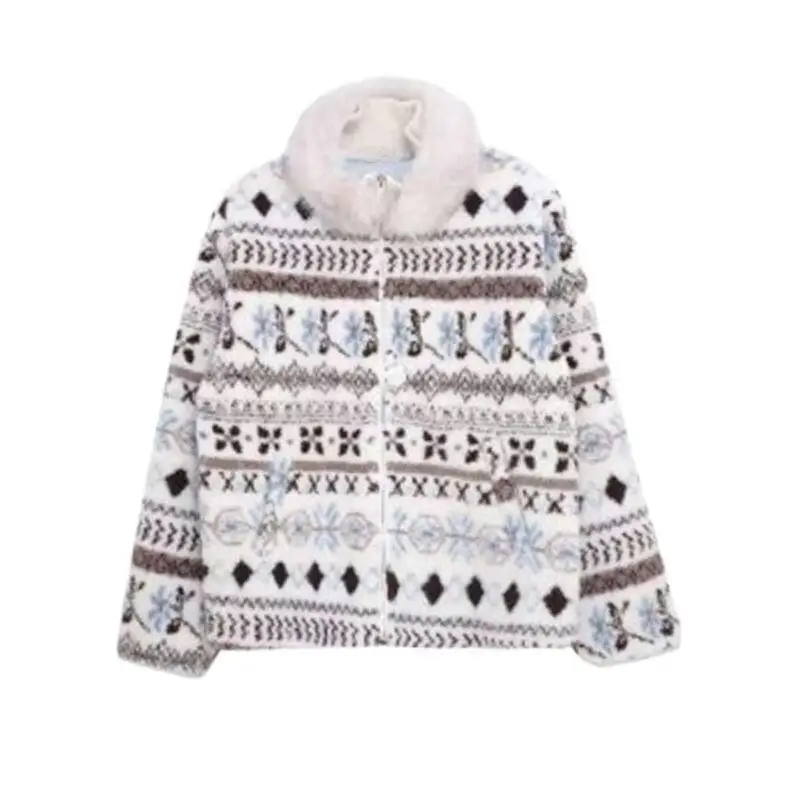 Giacca imbottita da donna Abbigliamento quotidiano da esterno Fair Isle Collo in pelliccia di agnello finta Cappotto invernale Giacca imbottita spessa calda stile etnico da donna