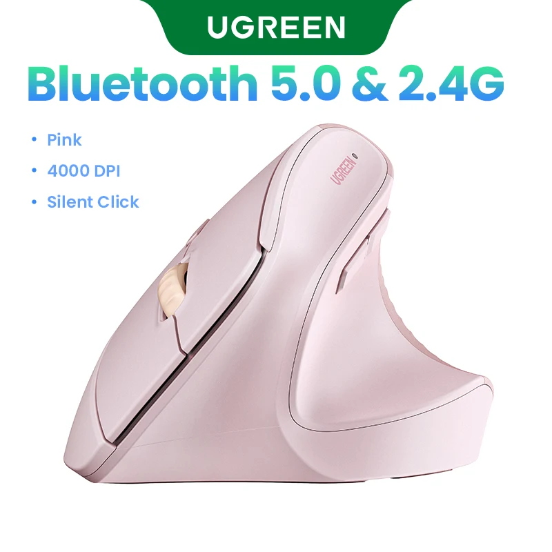 

UGREEN Wireless Mouse Bluetooth 2.4G Vertical Ergonomic 4000DPI 6 Mute Buttons for MacBook Tablet Laptops Computer PC Mice Pink