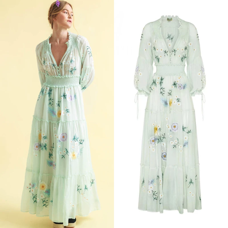 Luxo Floral Bordado Vestido Longo Mulheres Primavera Cintura Elástica Uma Linha Impresso Vestidos Bohemian Retro V Neck Lanterna Manga Robe