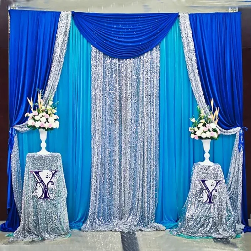 

3x3M/10x10FT Royal Blue and Lake Blue Ice Silk Drape Silver Sequin Backdrop Wedding Party Birthday Background Curtain Decoration