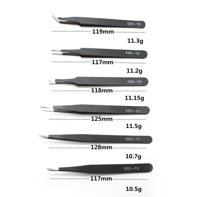 ESD-10 to 15 Precision Tweezer Set 6pcs Anti-Static Black Stainless Steel Straight/Flat/Round/Bent Tips for Electronics Repairs view 4