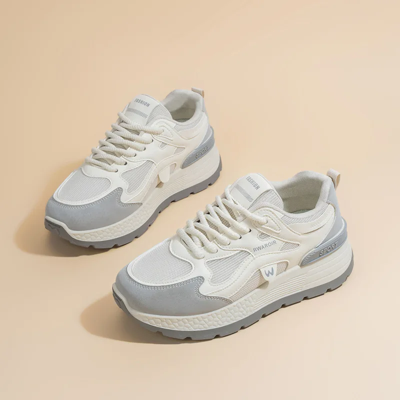 

2025 Spring New! Women's Sports Shoes Breathable Mesh Korean Style Versatile Thick Soled Casual Sneakers Running Shoes