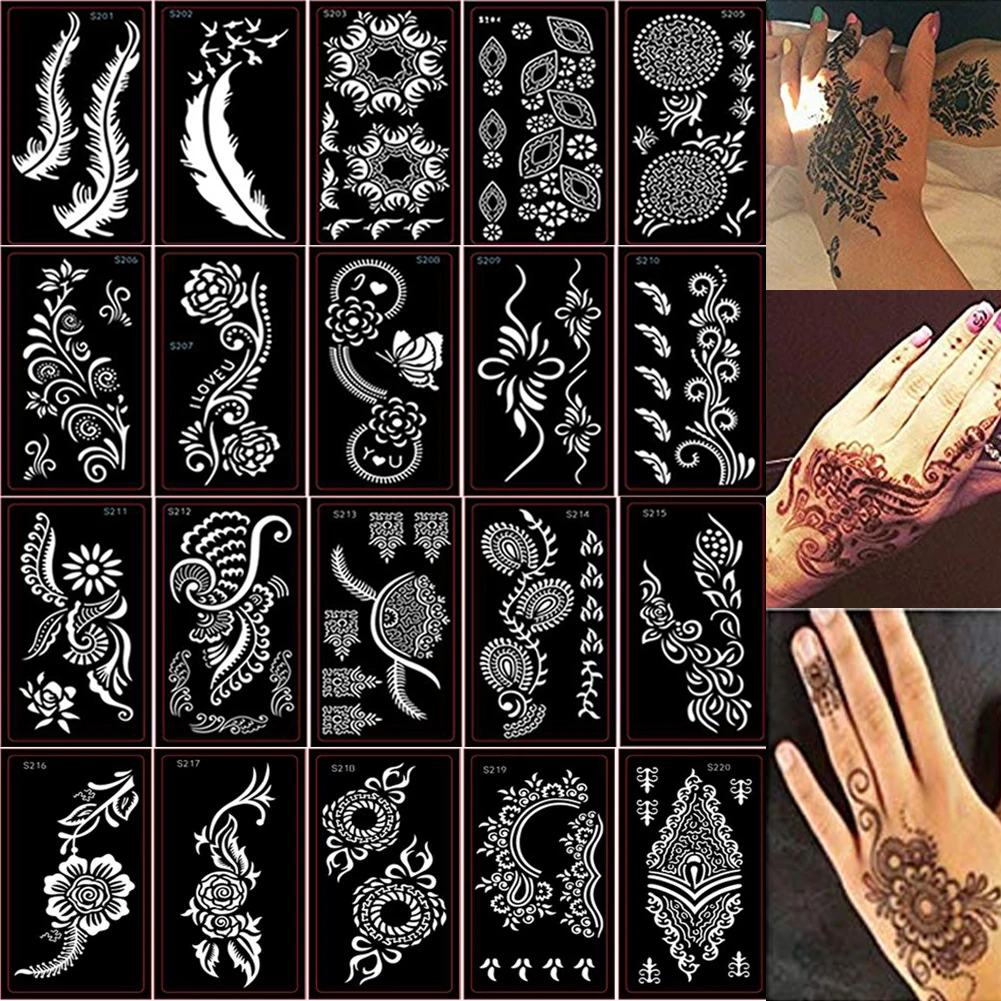 20 Styles Henna Tattoo Temporary Templates Kit Stencil for Hand Finger Painting, Mehndi Indian Henna Tattoo Stencils