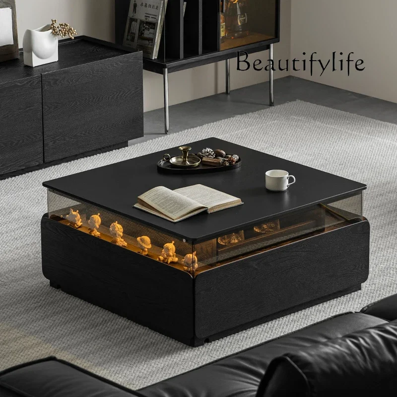 Square rock slab coffee table lighting atmosphere solid wood with black modern minimalist home living room