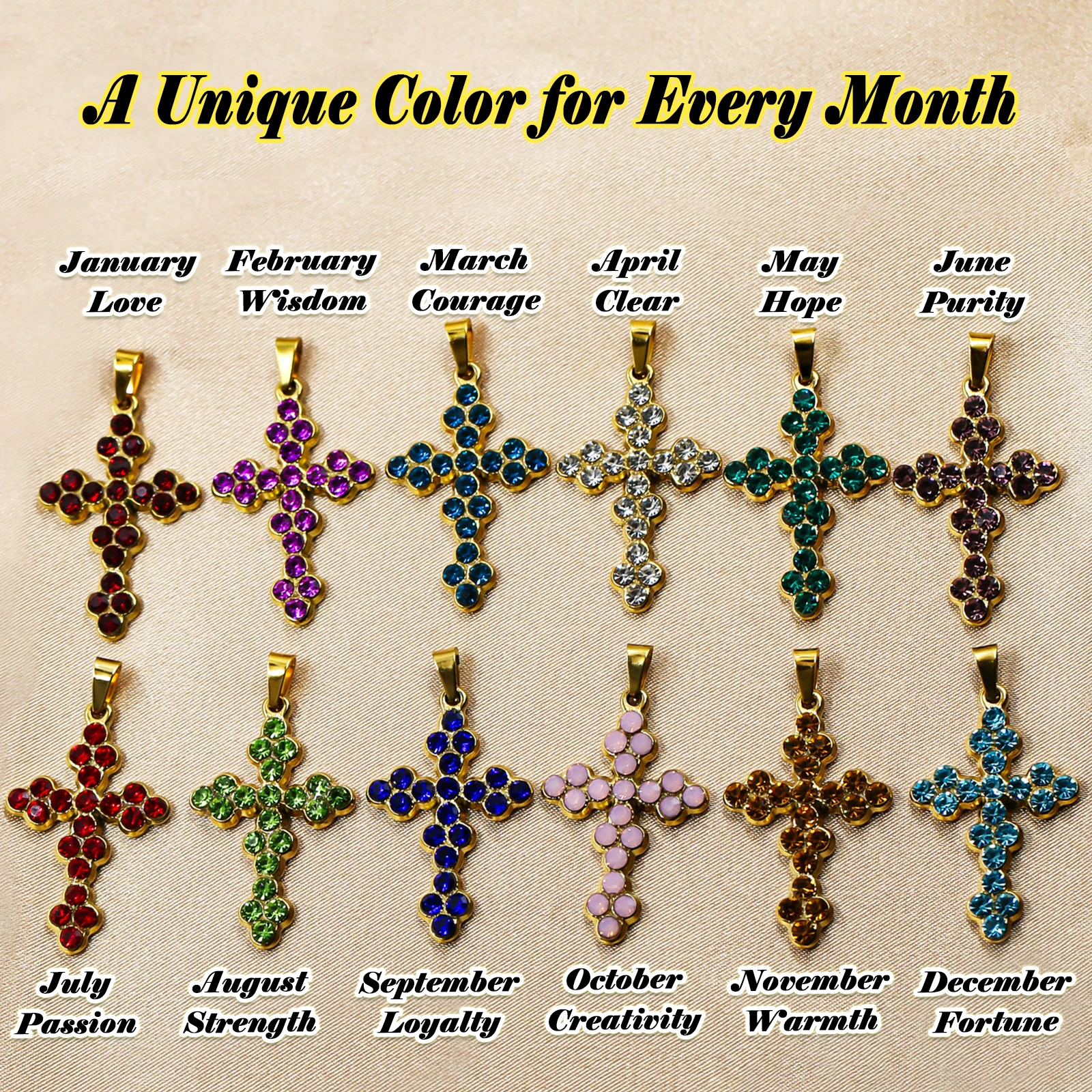 UniCrena Cross Birthstone Necklace for Women Charms Pendant with Gold Chain Christian Jewelry Birthday Gifts Mom Family 12 Color