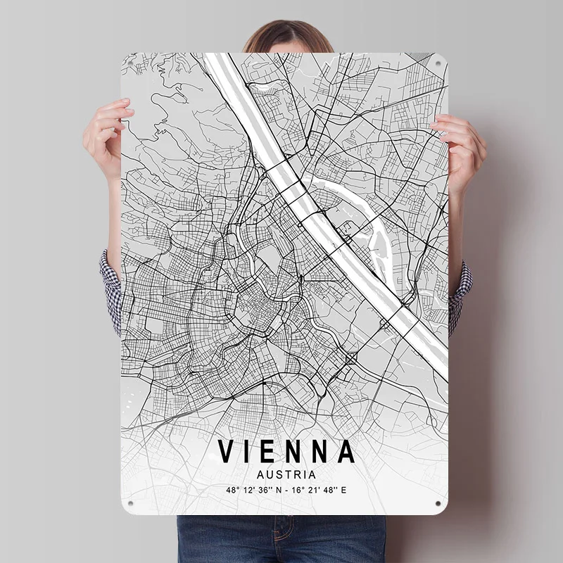 Vienna Light City Map Printed Poster Customized Retro Wall Art Vintage Metal Tin Signs for Home Bedroom Decoration Garage Garden