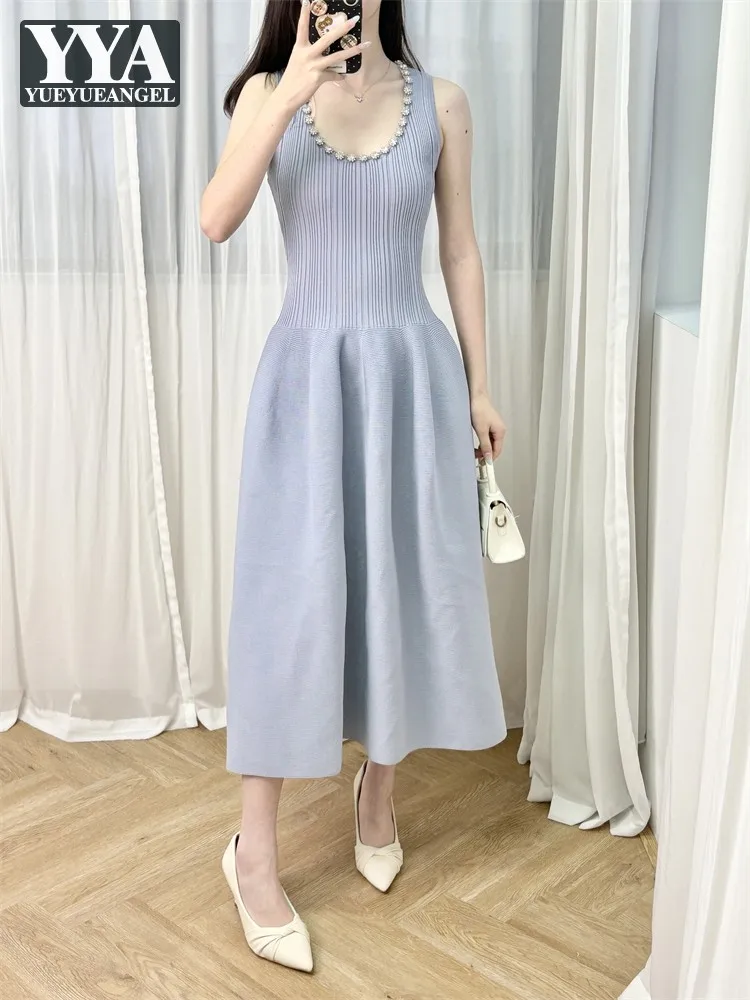 

Горячая распродажа: Женское летнее платье с U-образным вырезом без рукавов, модное, с бриллиантами, элегантное, в полоску, вязаное, пышное, длиной до середины икры, сарафан-пуловер