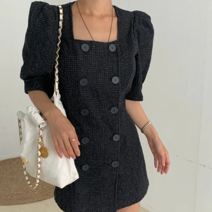 Vestido Casual de Cuello Cuadrado Estilo Pequeña Fragancia, Estilo Coreano, para Primavera, Otoño e Invierno, para Mujeres, Chicas, Estudiantes, Citas