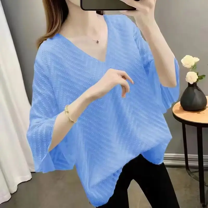 Women Tops Korean Fashion Style Chiffon Blouse Flare Sleeve Vintage Spring Summer Office Lady  Blusas Mujer De Moda 2023