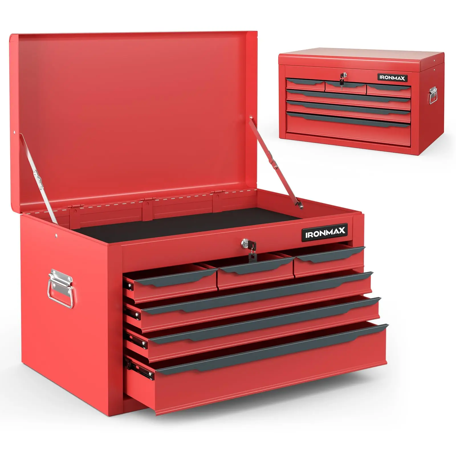Tool Box, 24” Steel Tool Chest w/6 Ders, Top Tool Tray,Automatic Lock, Protective Liners, Handle, Smooth Ball Bearing