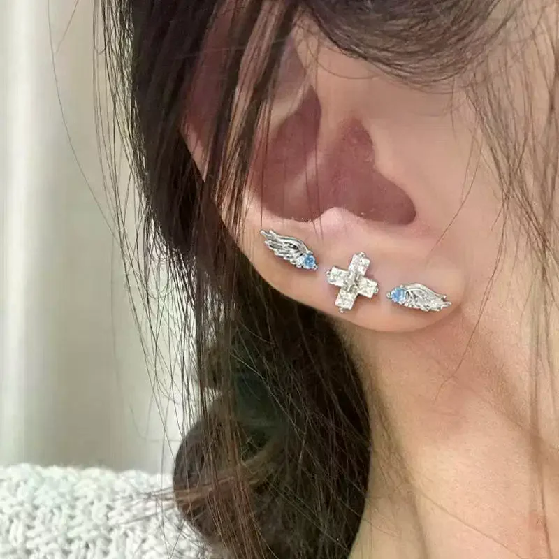 1/2/3Pcs Luxury Zircon Angel Wing Cross Stud Earrings For Women Shiny Crystal Wings Ear Studs Fashion Jewelry Accessories Gifts