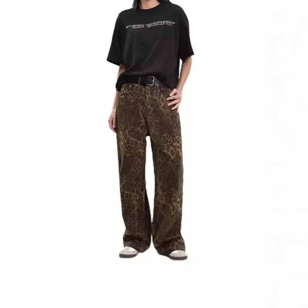 

American Retro Leopard Print Jeans Slim Straight Loose Casual Wide-leg Pants for Women