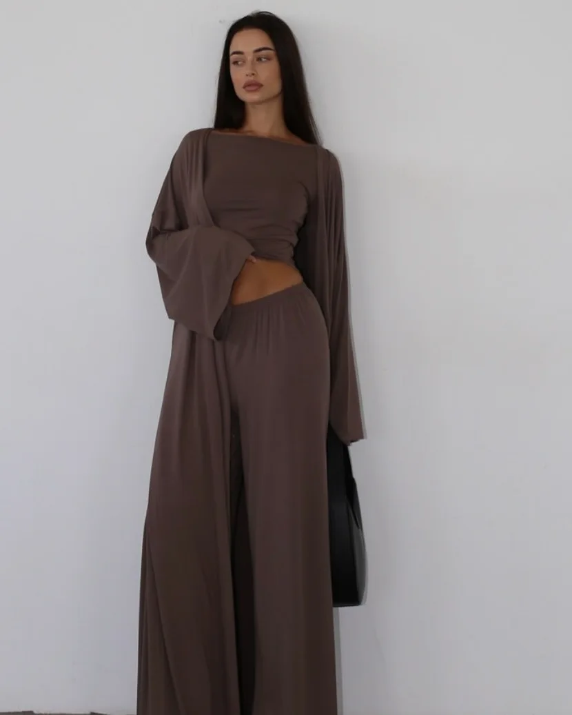 

Повседневные однотонные женские костюмы из 3 предметов с v-образным вырезом, длинные пальто с круглым вырезом, тонкий топ, широкие брюки 2026, весна-лето, новые модные женские комплекты