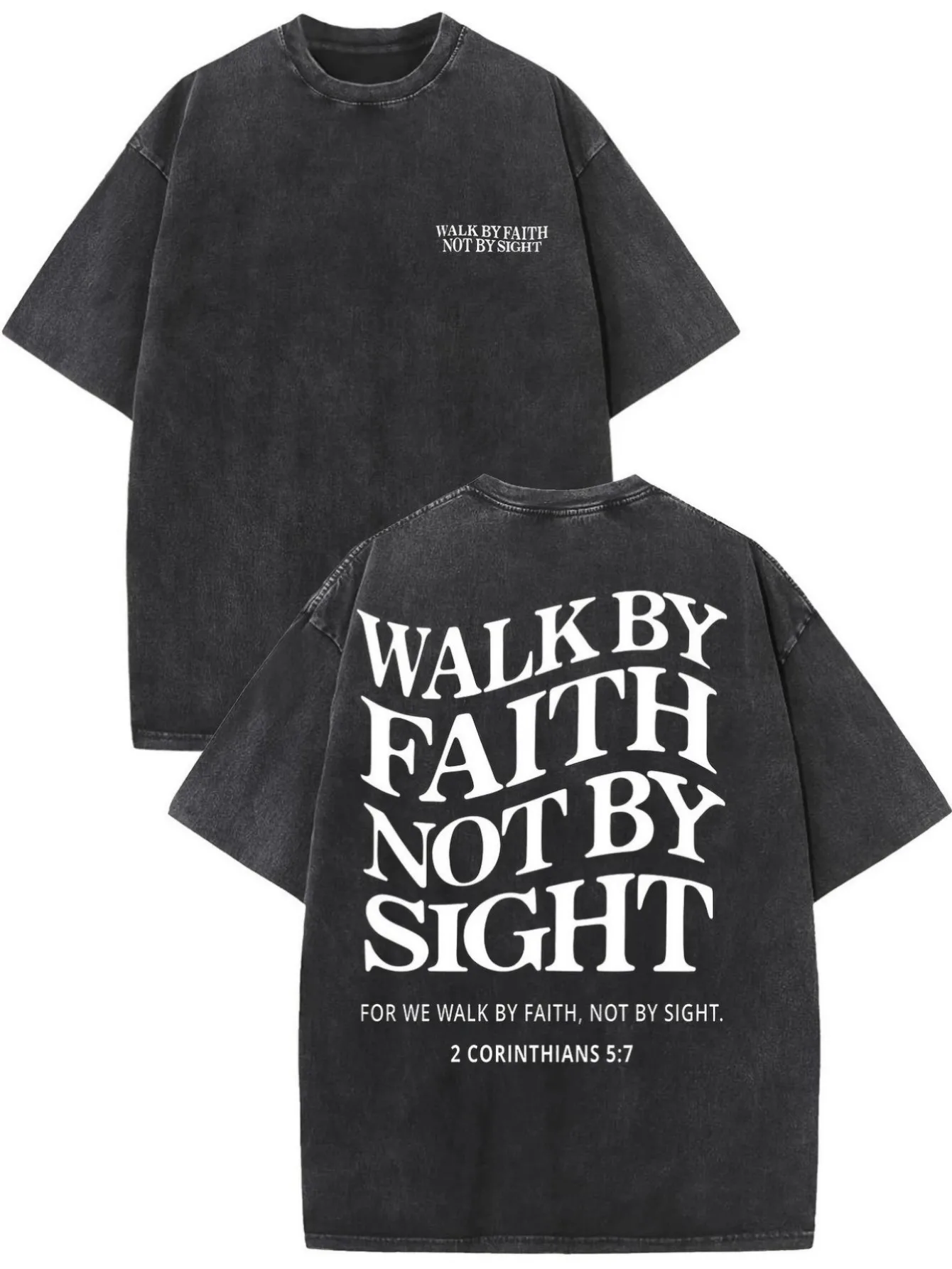 

Washed vintage pure cotton T-shirt with Bible verse 'Walk By Faith' print, trendy men's American street style,loose short sleeve