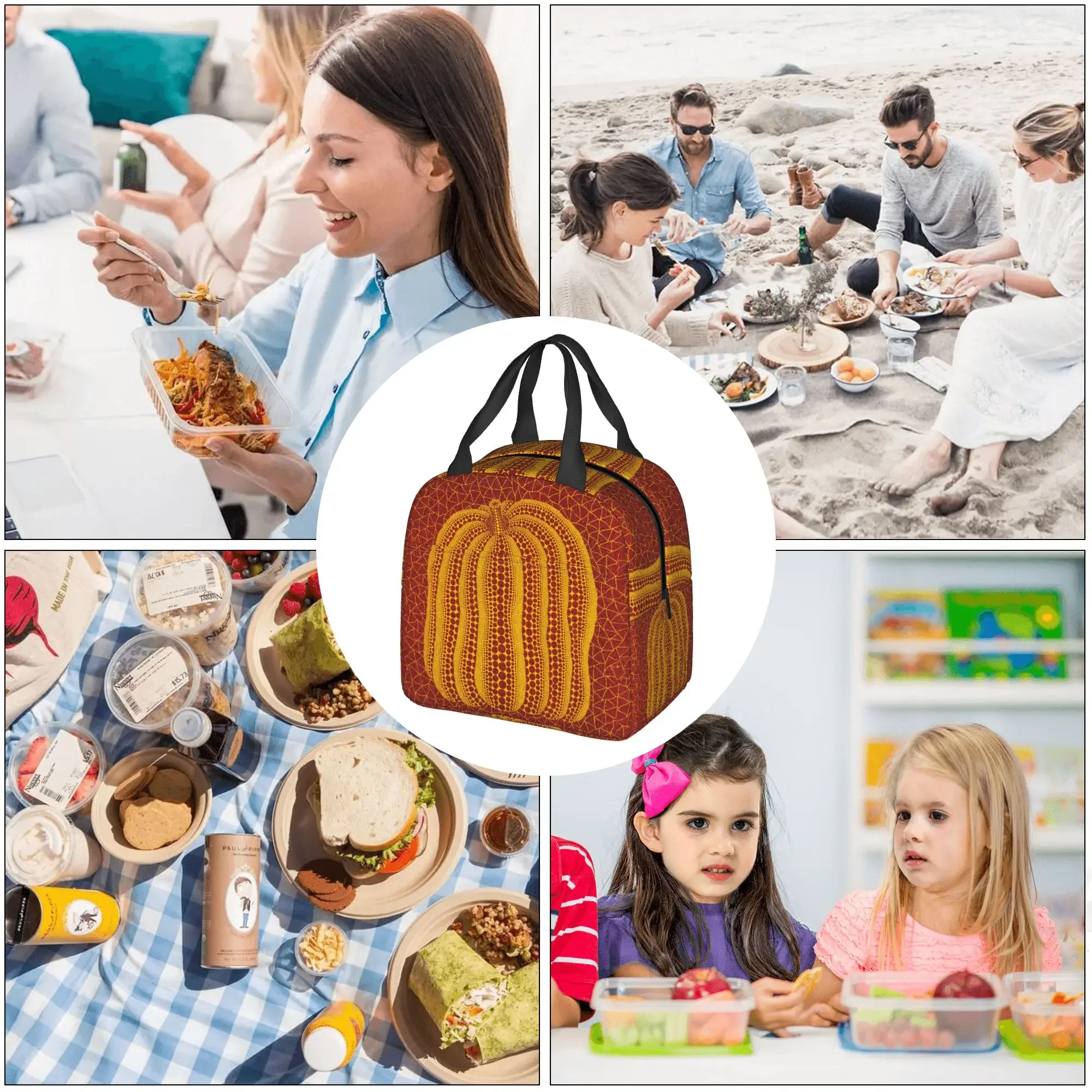 Yayoi Kusama Pumkin Abstract Art Insulated Lunch Bag for Outdoor Picnic  Leakproof Thermal Cooler Lunch Box Women Men