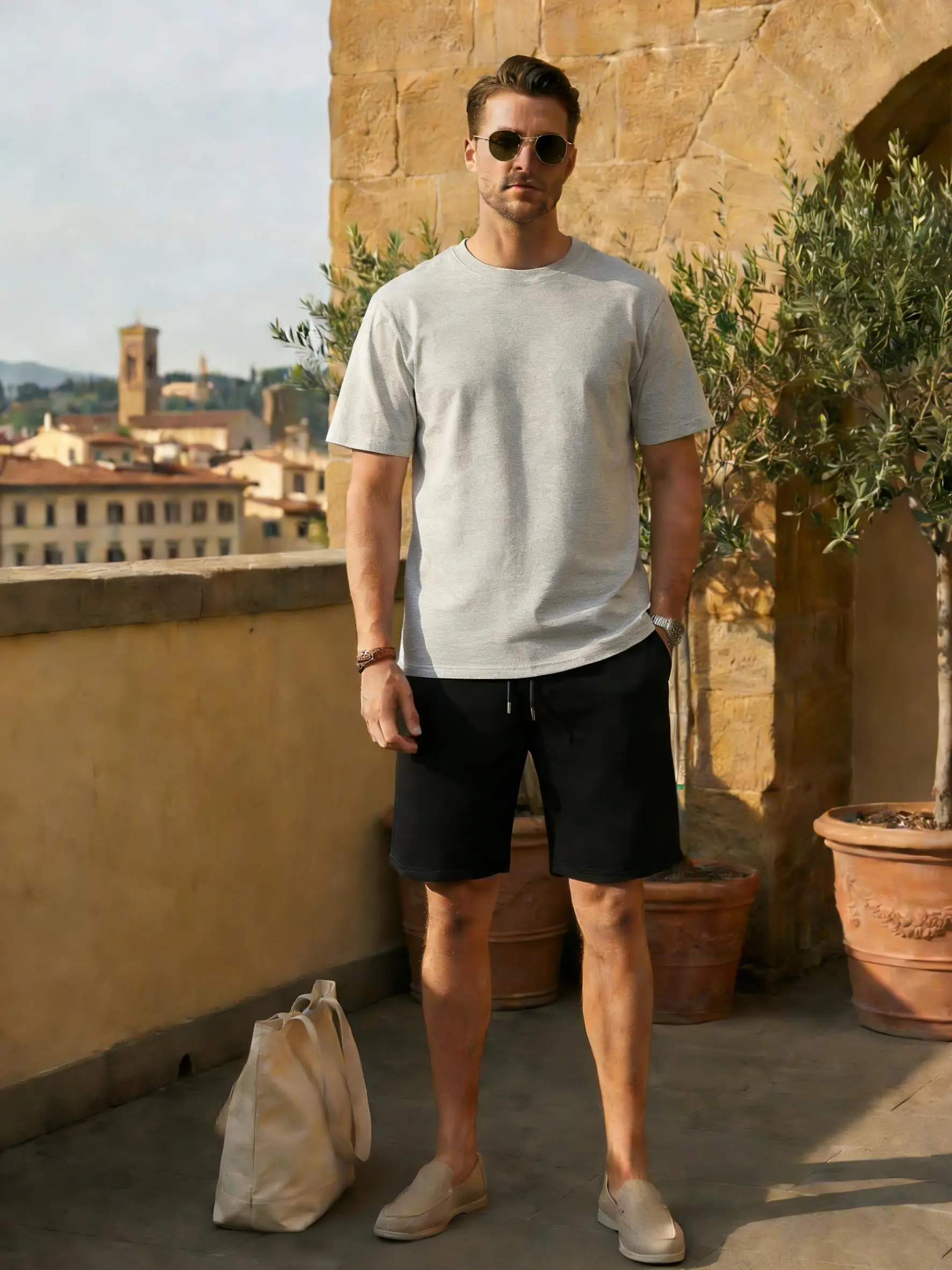 

20 Colour Choices Cotton T Shirt Set Men Solid Casual Loose Top Summer Soft Clothing O-Neck Unisex Drawstring Black Shorts