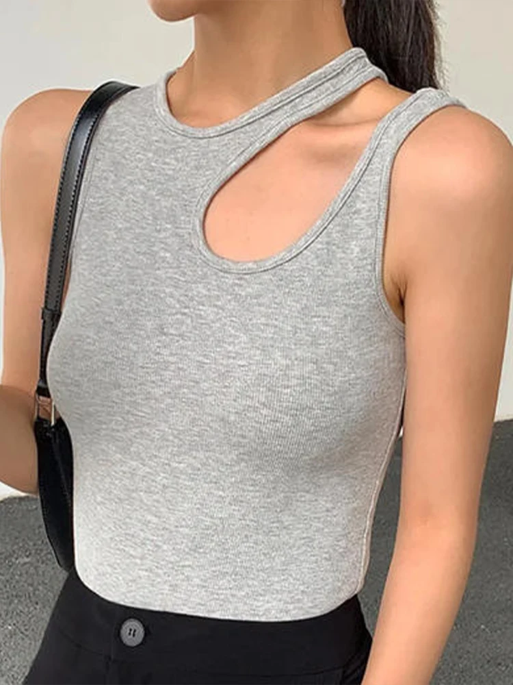 Camiseta negra para mujer, cuello redondo, sin mangas, minimalista, ajustada, ropa de verano para mujer, moda