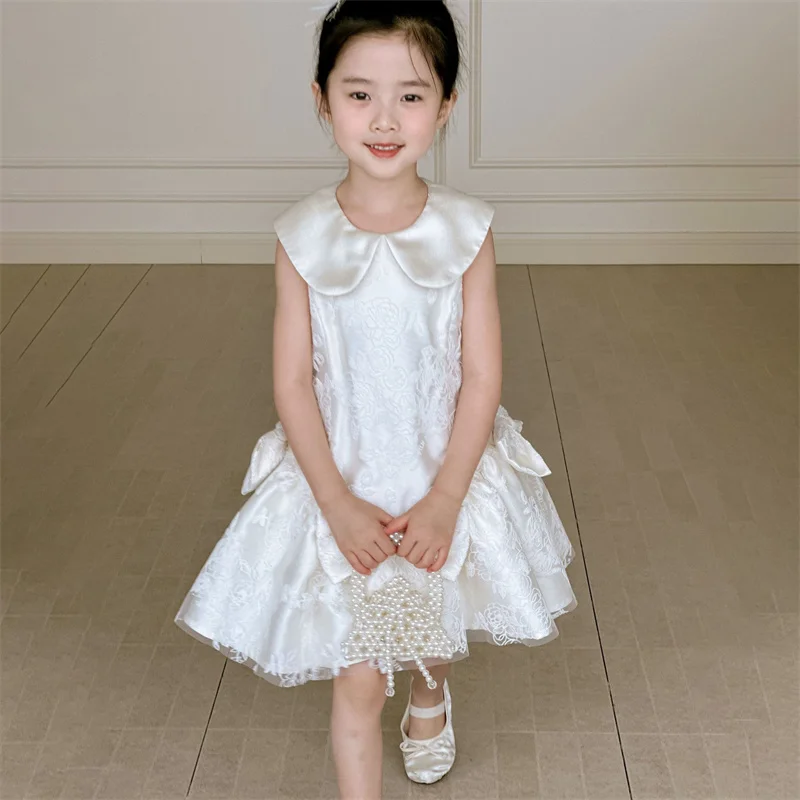Baby Kids Princess Satin Lace Bow Flower Girl Dress Children First Communion Dress Ball Gown Wedding Party Dress Birthday