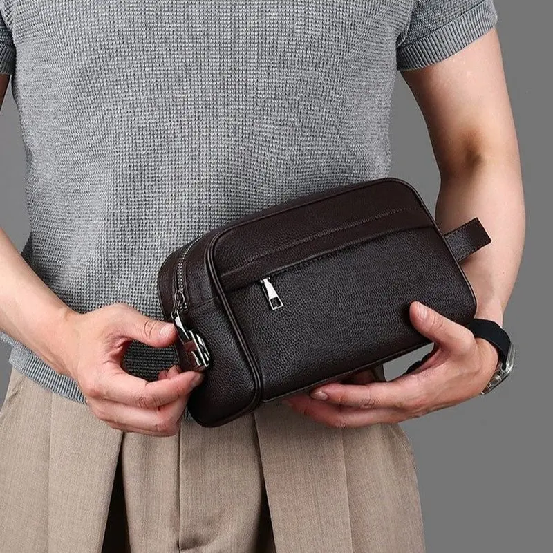 Men's PU Leather Lockable Wristlet Handbag - 23cm Large Capacity Slim Briefcase with Anti-Theft Code Lock, Phone Pocket & Wrist