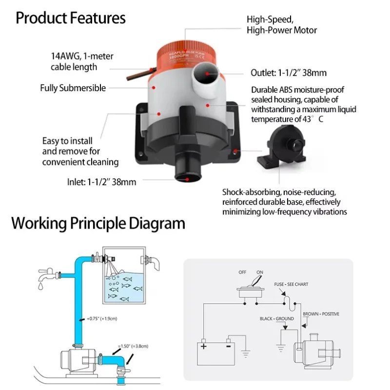 12 فولت 3800GPH عالية التدفق المزدوج ميناء مضخة نزح البحرية تيار مستمر مضخة غاطسة لليخوت قارب سريع ونقل المياه الطعم