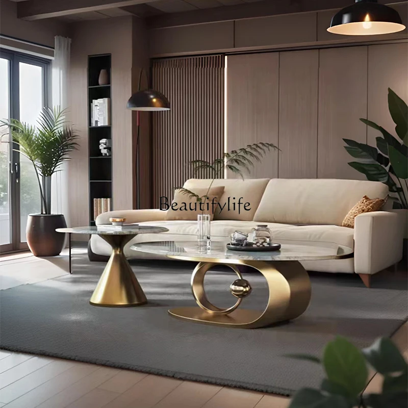 

Light luxury natural marble stainless steel high-end coffee table