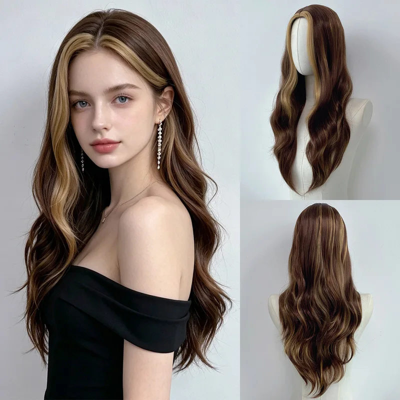Golden-brown highlights, middle-parted wavy long curly hair, synthetic wig for European and American women