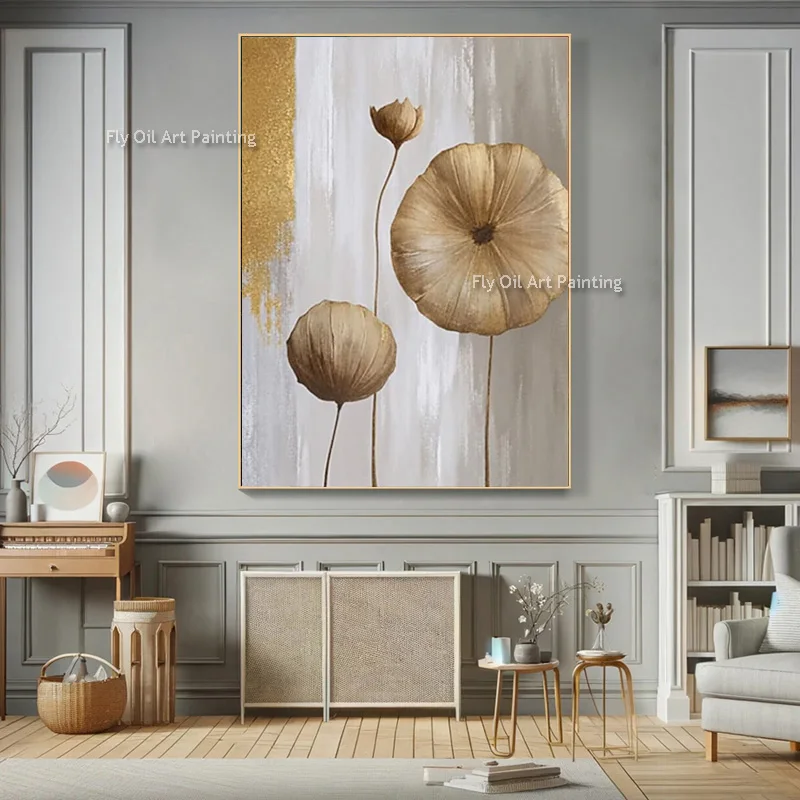 Special Brown White Oil Painting Hand Made Abstract New Popular Wall Art Decor Items Golden Yellow Grey Canvas Art For Room