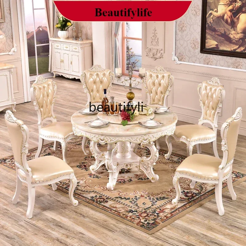 

Q132 European Marble Dining Table American Luxury Restaurant Solid Wood Carving Flower Belt Turntable Household,Round Table