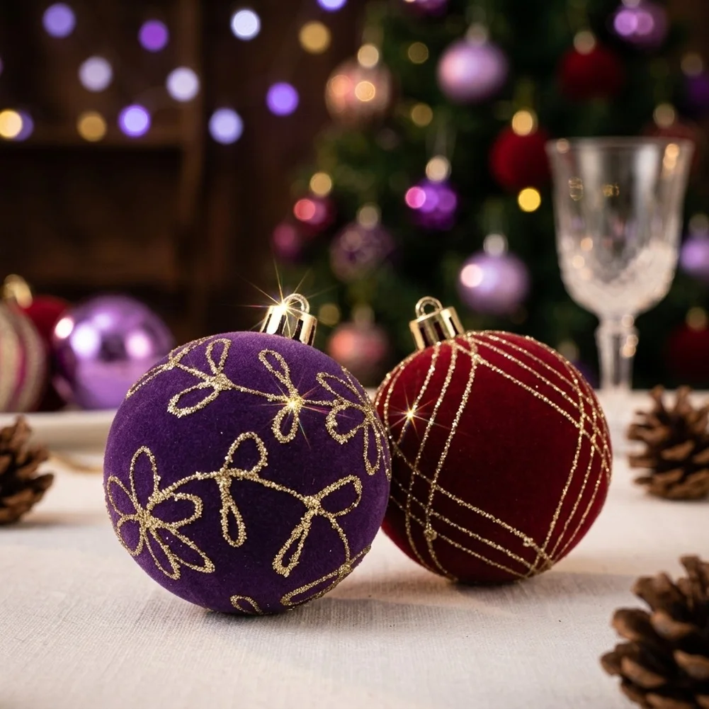 58pcs Purple Flocked Christmas Ball Set 3 4 6cm Painted Ornaments For European Style Tree Decor Holiday Hanging Accessories