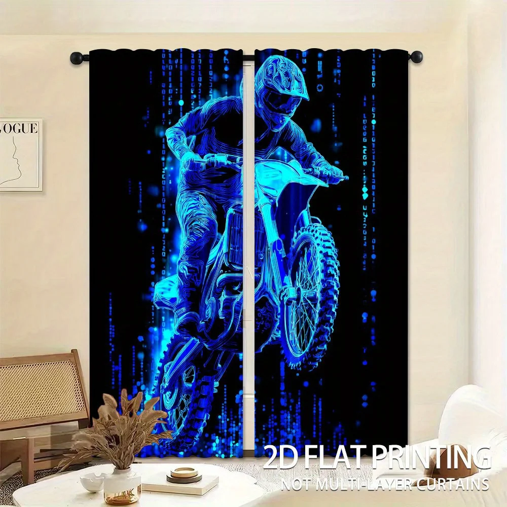2 PCS Blue Motocross Curtains Rider Print Blackout Curtains Living Room Bedroom Curtains Home Decor