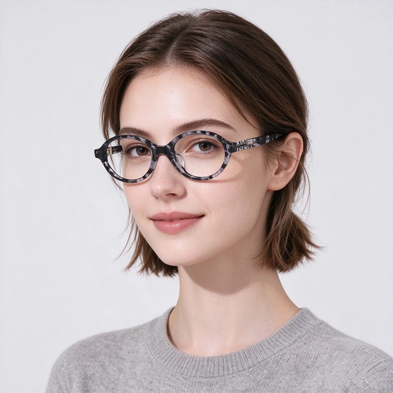 Oval Small Frame Women Nerd Style Myopia Glasses Retro Handcrafted Acetate Grey Marble Eyeglasses With Metal Logo Custom Prescri