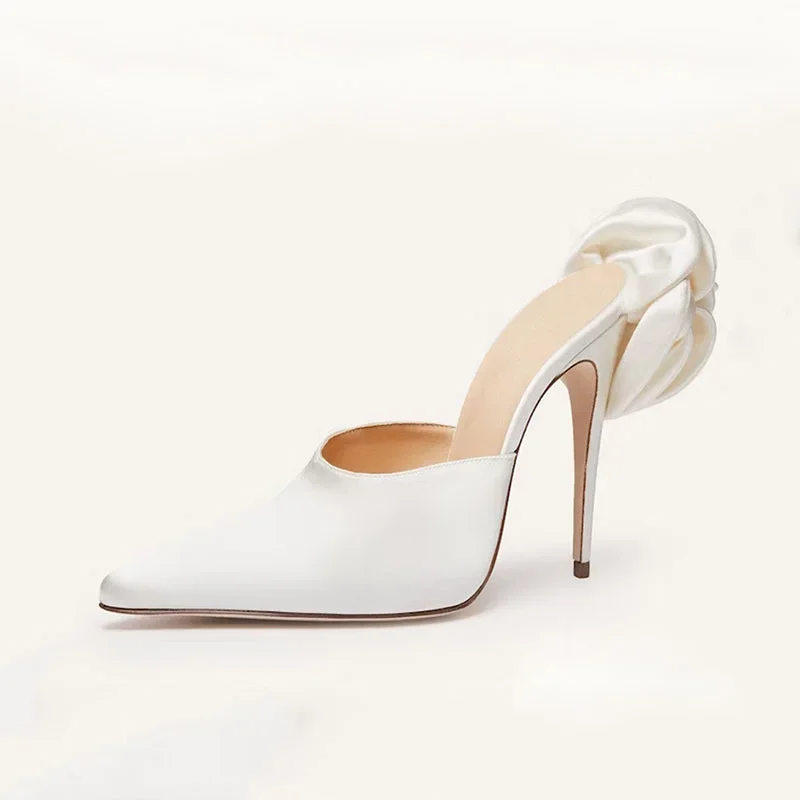 

Shallow Thin Super High Heels Pointed Cover Toe Sexy Modern Slippers White Elegant Flower Solid Gentle Sandal Summer Women Shoes