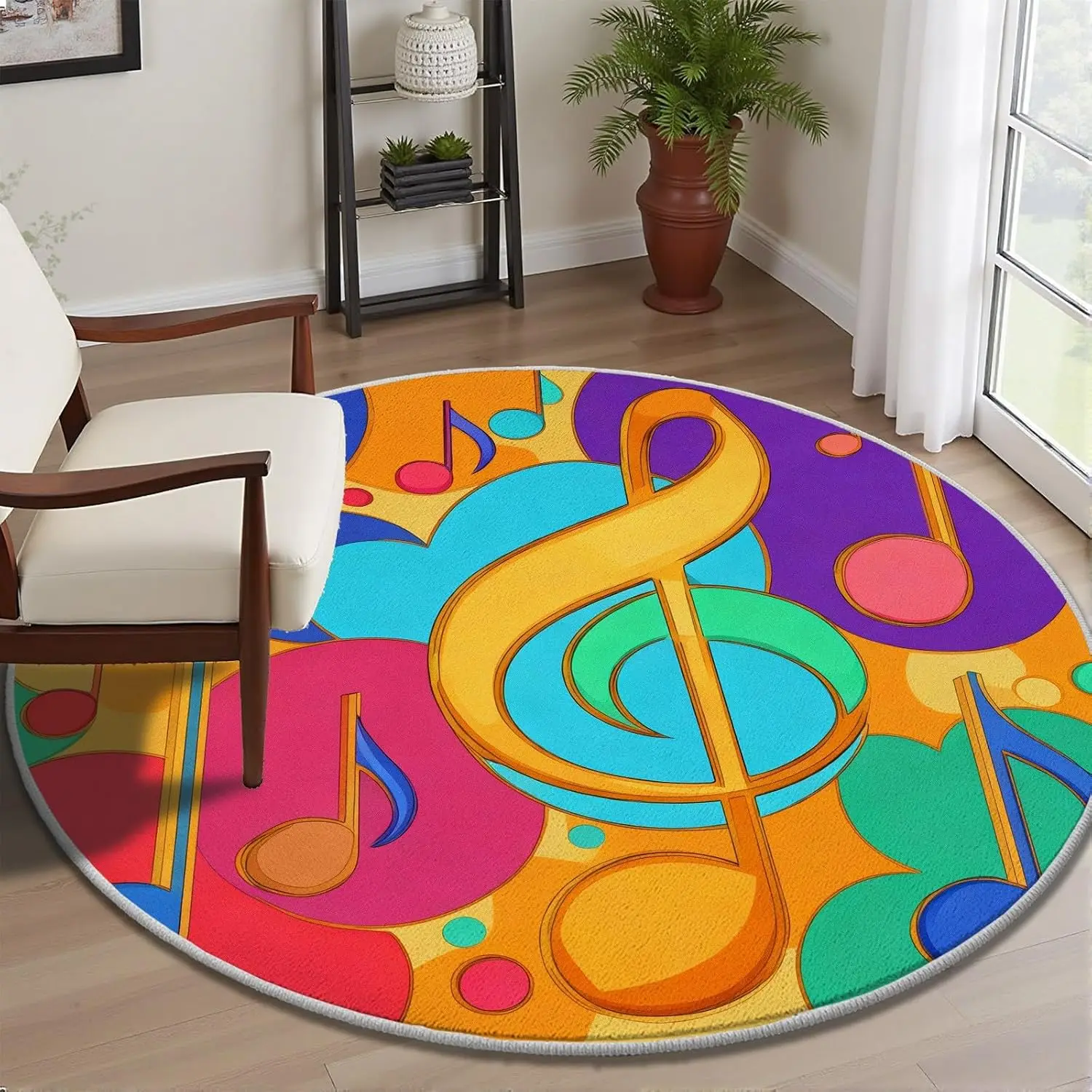 Colorful Abstract Musical Notes Pattern Round Area Rug Polyester Mat for Living Room Hallway Nursery Boho Chic Decorative Floor