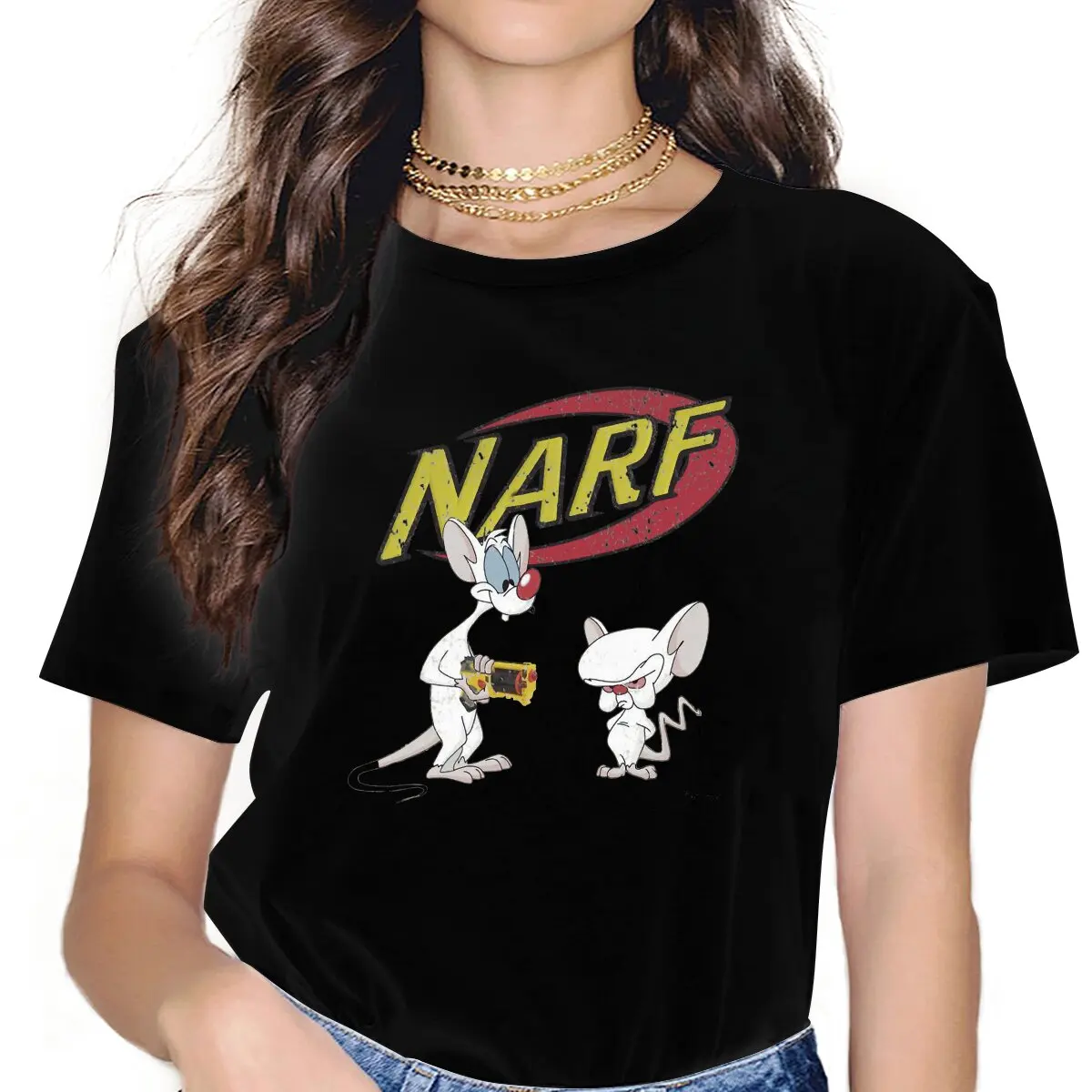 Unique NARF T-Shirt for Women Round Neck T Shirts Pinky and the Brain TV Short Sleeve Tees Adult Clothes