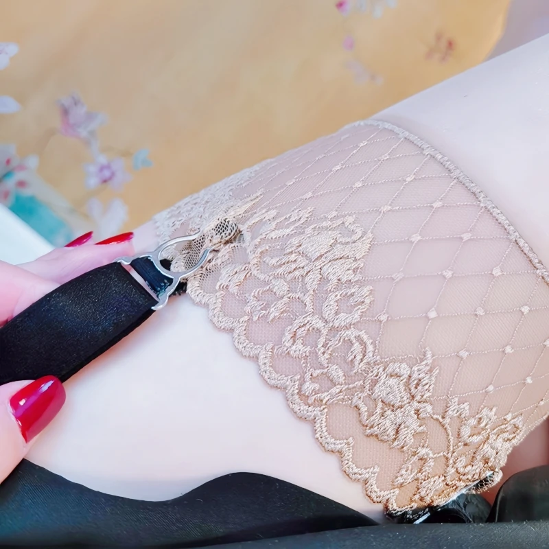 

Double Anti-slip Silicone Medis Women Sexy Lace Patchwork Thigh High Stockings 15D Ultra Thin Transparent Foot Shaped Hosiery