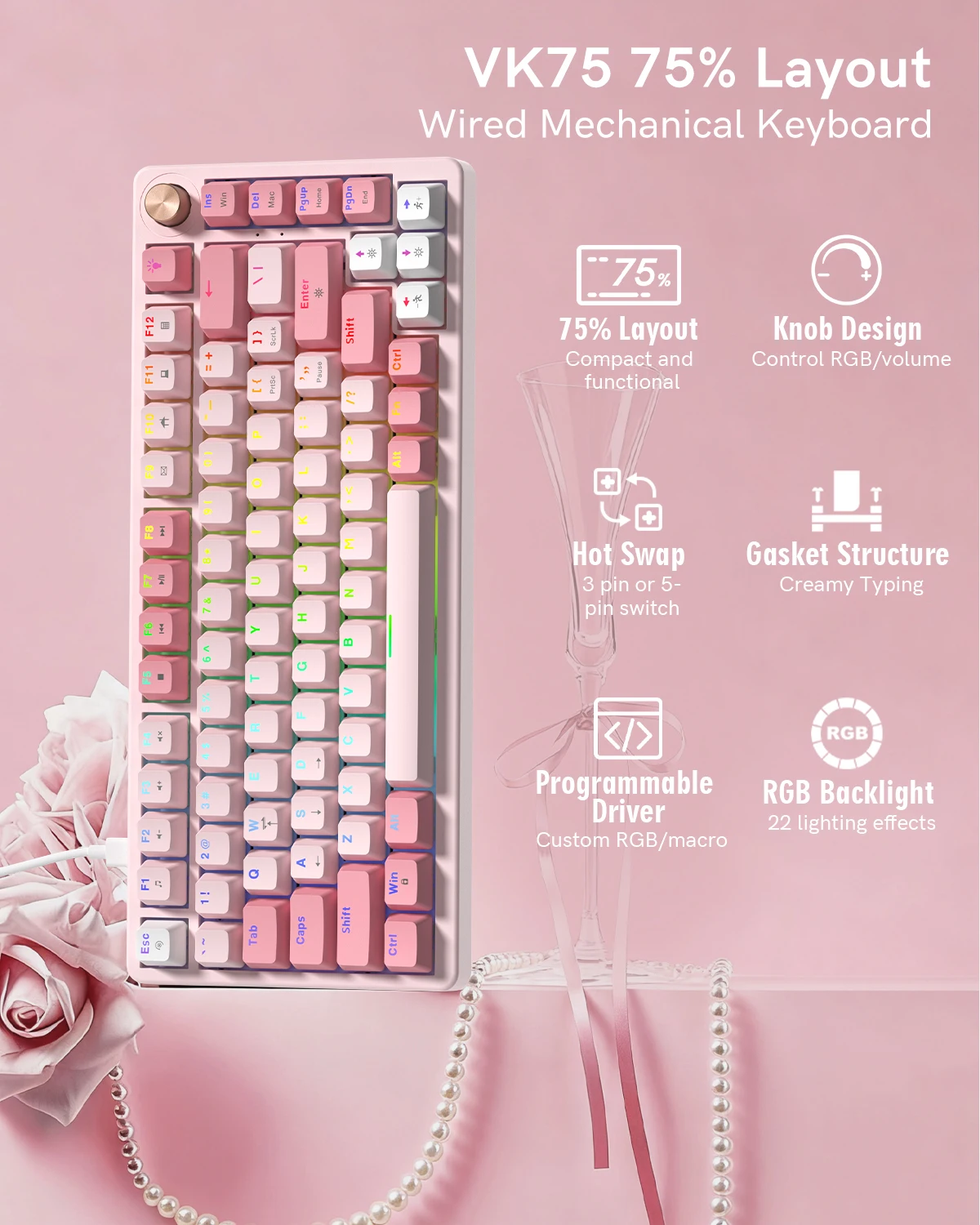 Womier VK75 Wired Mechanical Keyboard Retro Pink Custom Hot-swappable Keyboard for PC Computer Laptop