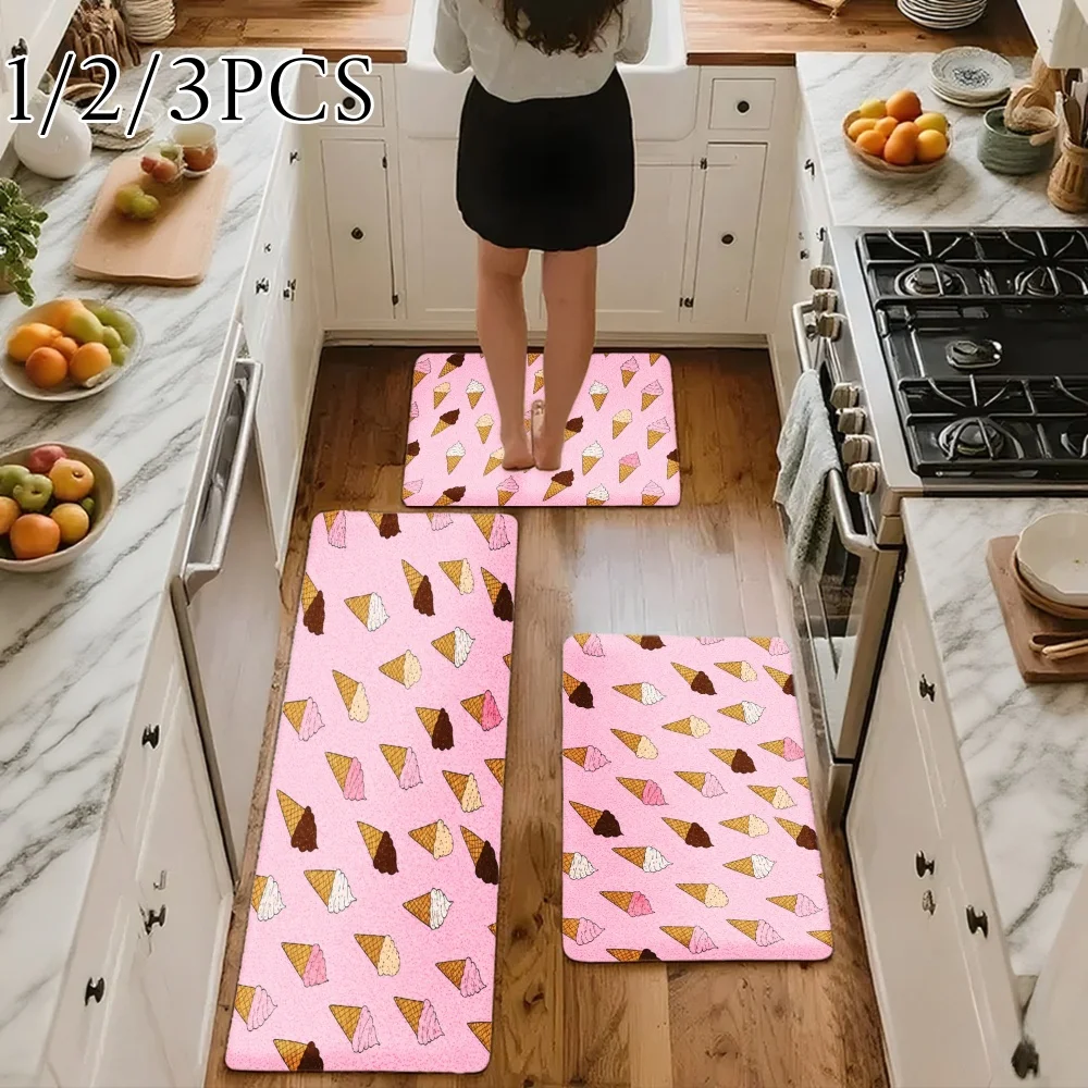 3PCS Kitchen Rugs,Home Decoration for Front Door, Kitchen, Bathroom, Pink Ice Cream Cone Pattern Print Dining Mat