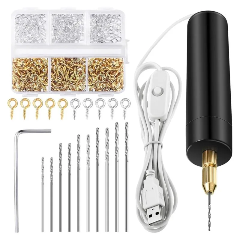 DT16 Electric Resin Drill Set 312 Pcs, Mini Drill with 10 Bits & 300 Eye Screws for DIY Keychain Jewelry Making Kit