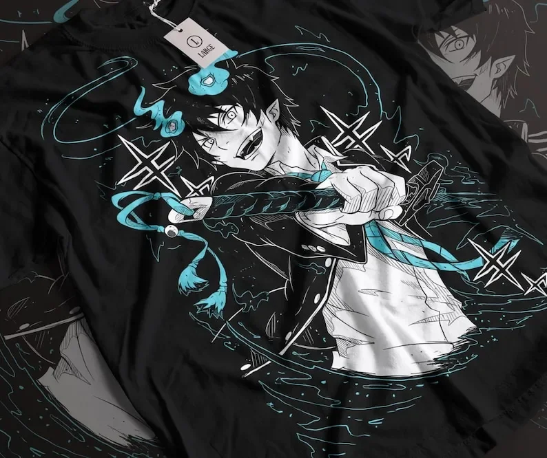 Camiseta de Anime con gráfico, camisa de Manga de Anime japonés, camisa de exorcista azul Rin Okumura