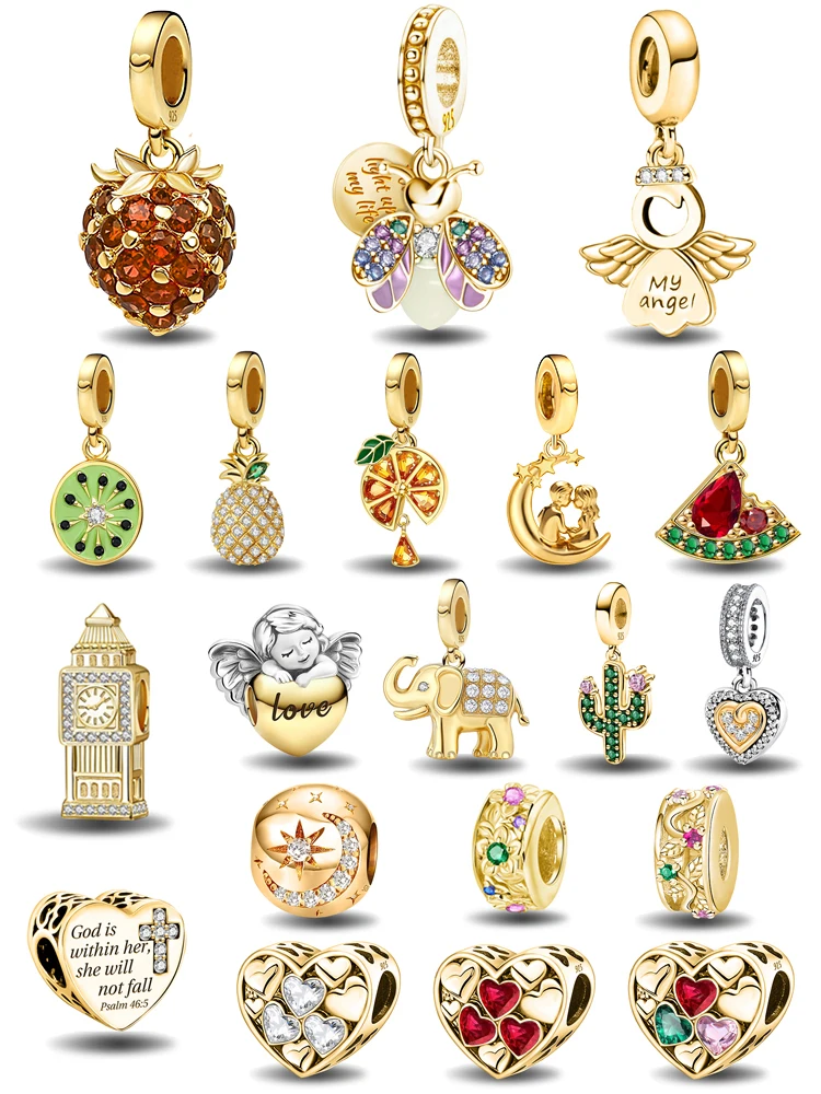 Image of 925er Silber vergoldet, niedliches Liebesherz, Glühwürmchen, goldene Serie, Charms, Perle, DIY-Armband, Halskette, Geschenk von hochwertigem Schmuck
