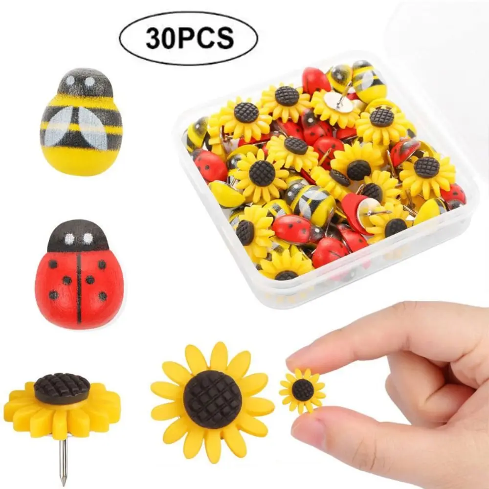 30Pcs Home Decoration Bees Sunflower Pushpins Creative 3D Board Push Pin with Box Reusable Decorative Studs Picture Memos