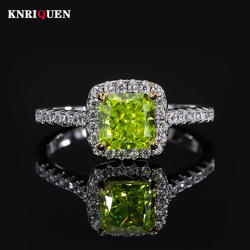 

Luxury 100% 925 Real Silver Square 6.5mm Olive Green Tourmaline High Carbon Diamond Rings for Women Party Fine Jewelry Lady Gift