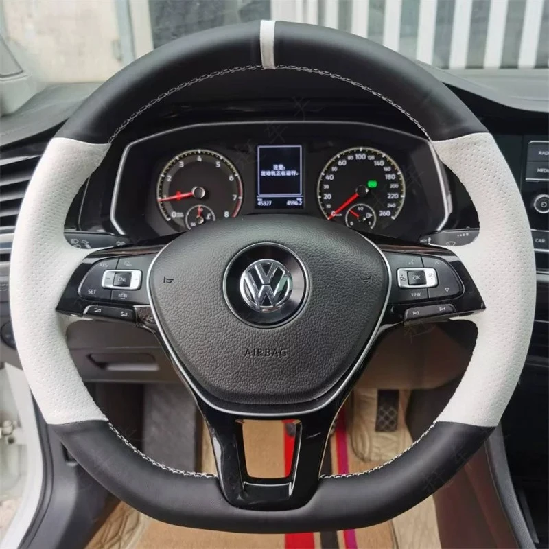 For Volkswagen VW Polo jetta Passat B8 Golf 7 Mk7 Hand-stitched black white genuine Leather non-slip car Steering Wheel Cover